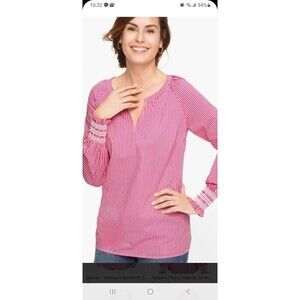 Talbots pink white stripe smocked cuff blouse M cotton popover updated preppy
